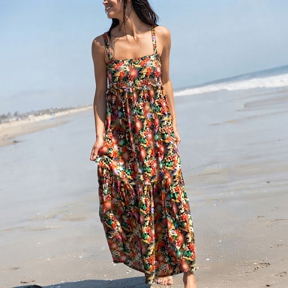 Natural Life Floral Print Maxi Dress Size L 100% Rayon Bohemian Long Sundress